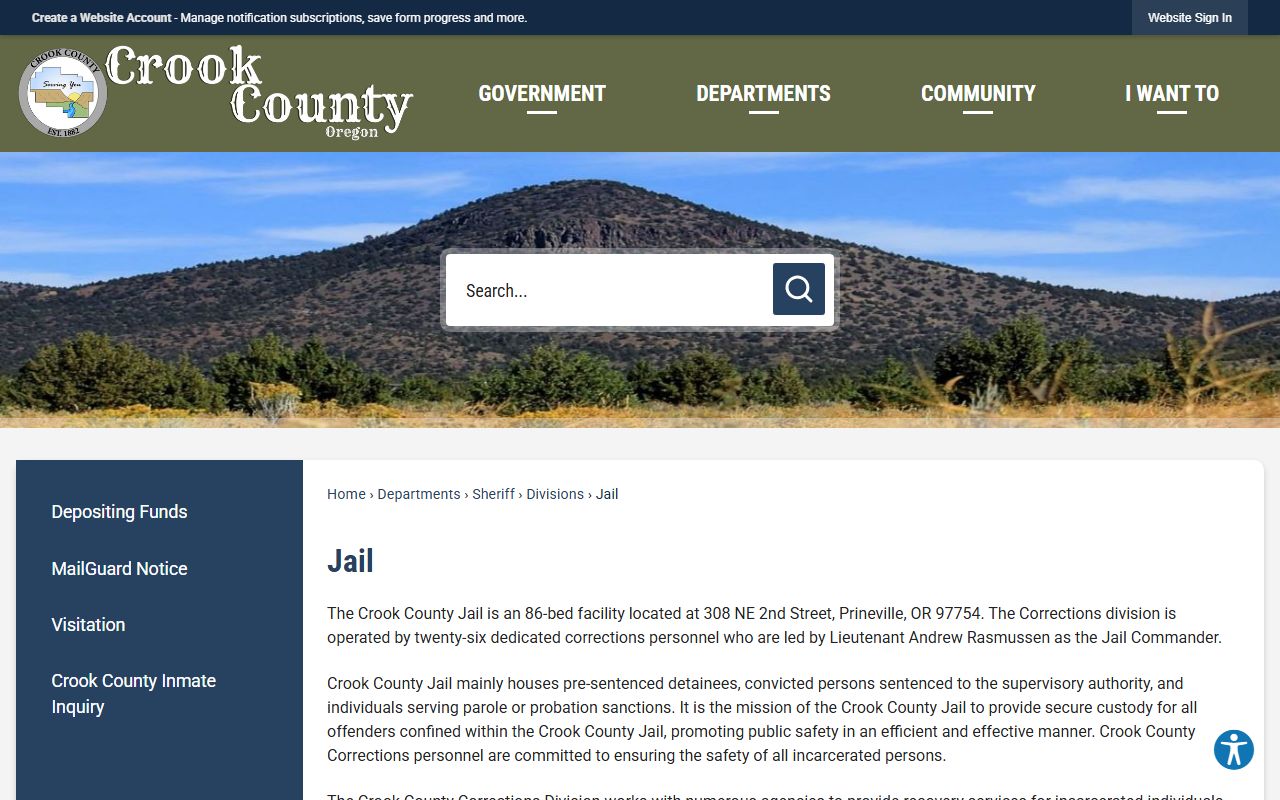 Crook County Jail page for inmate custody information